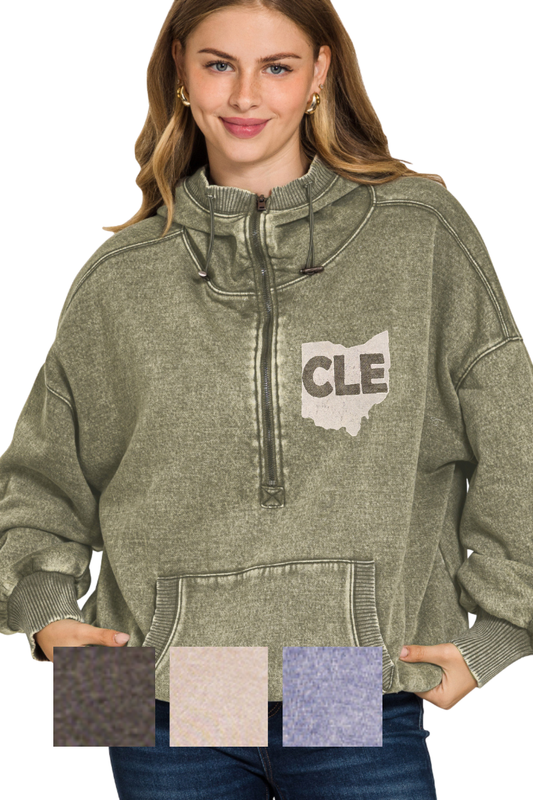 Hand Stamped CLE Ohio Half Zip Hoodie with Cinched Hem