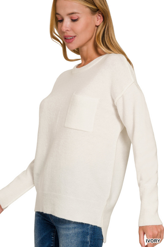Super Soft Brushed Pocket Crew Neck Sweater