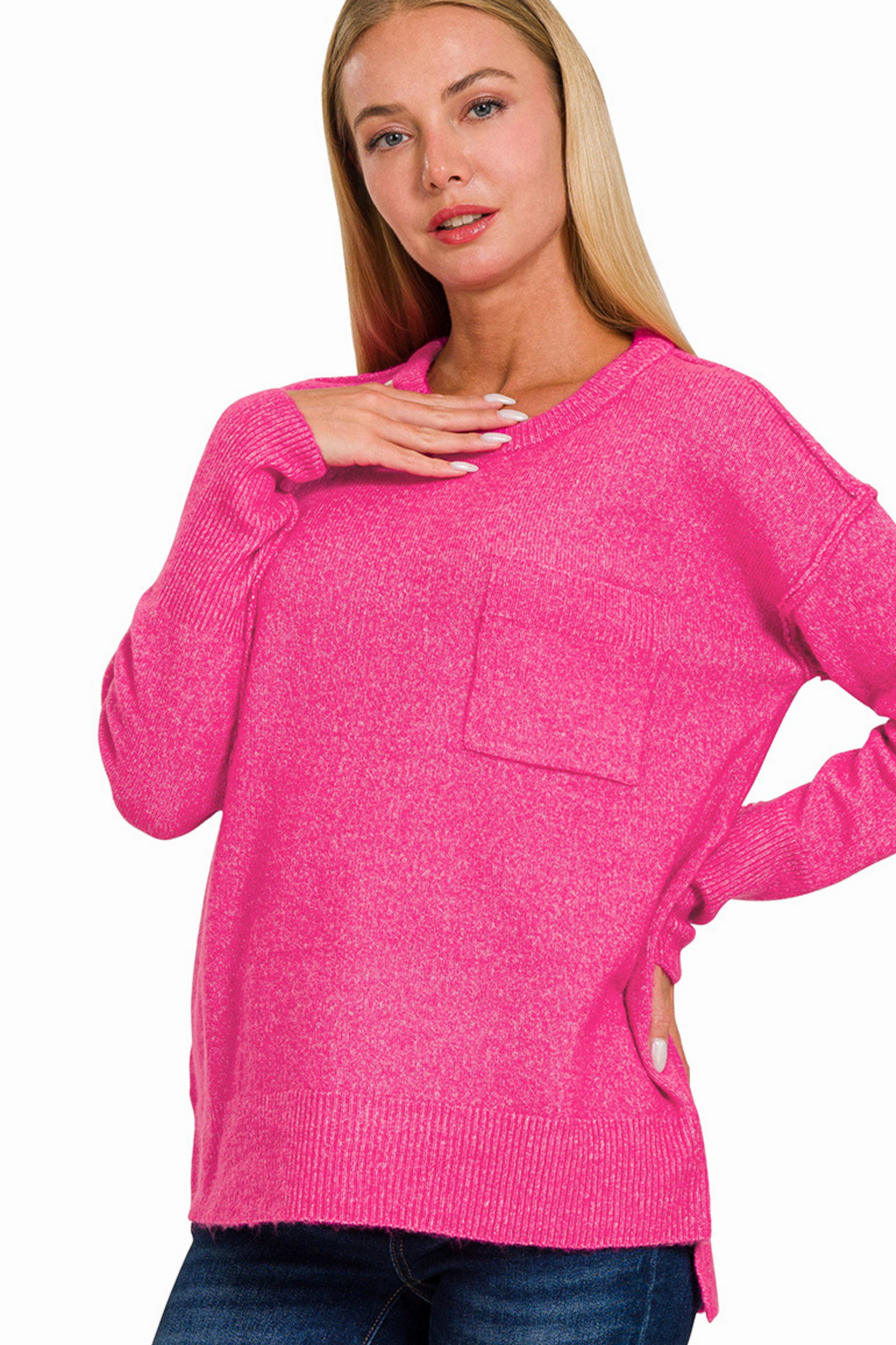 Super Soft Brushed Pocket Crew Neck Sweater