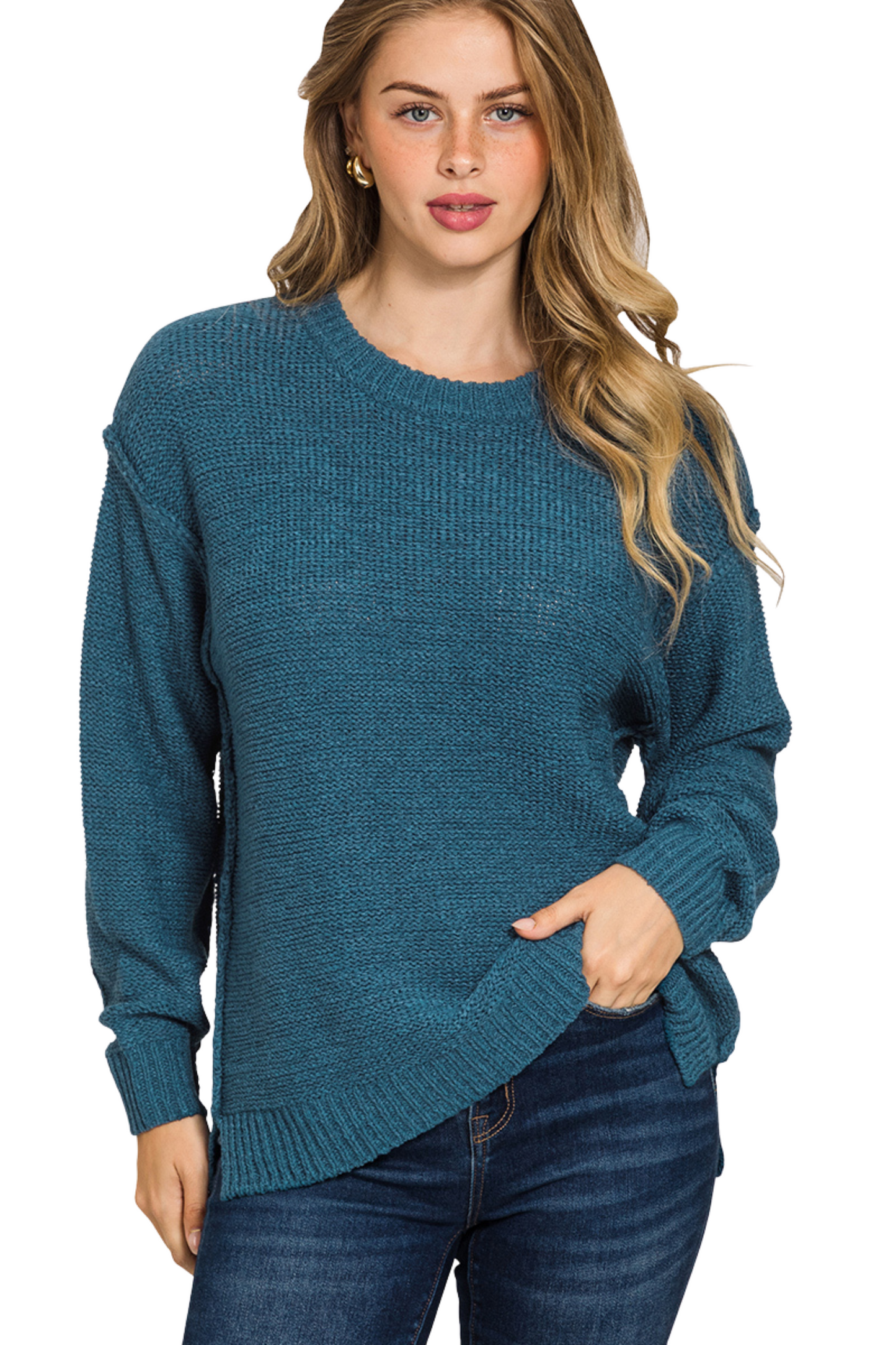 Exposed Seam Knit Crew Neck Sweater