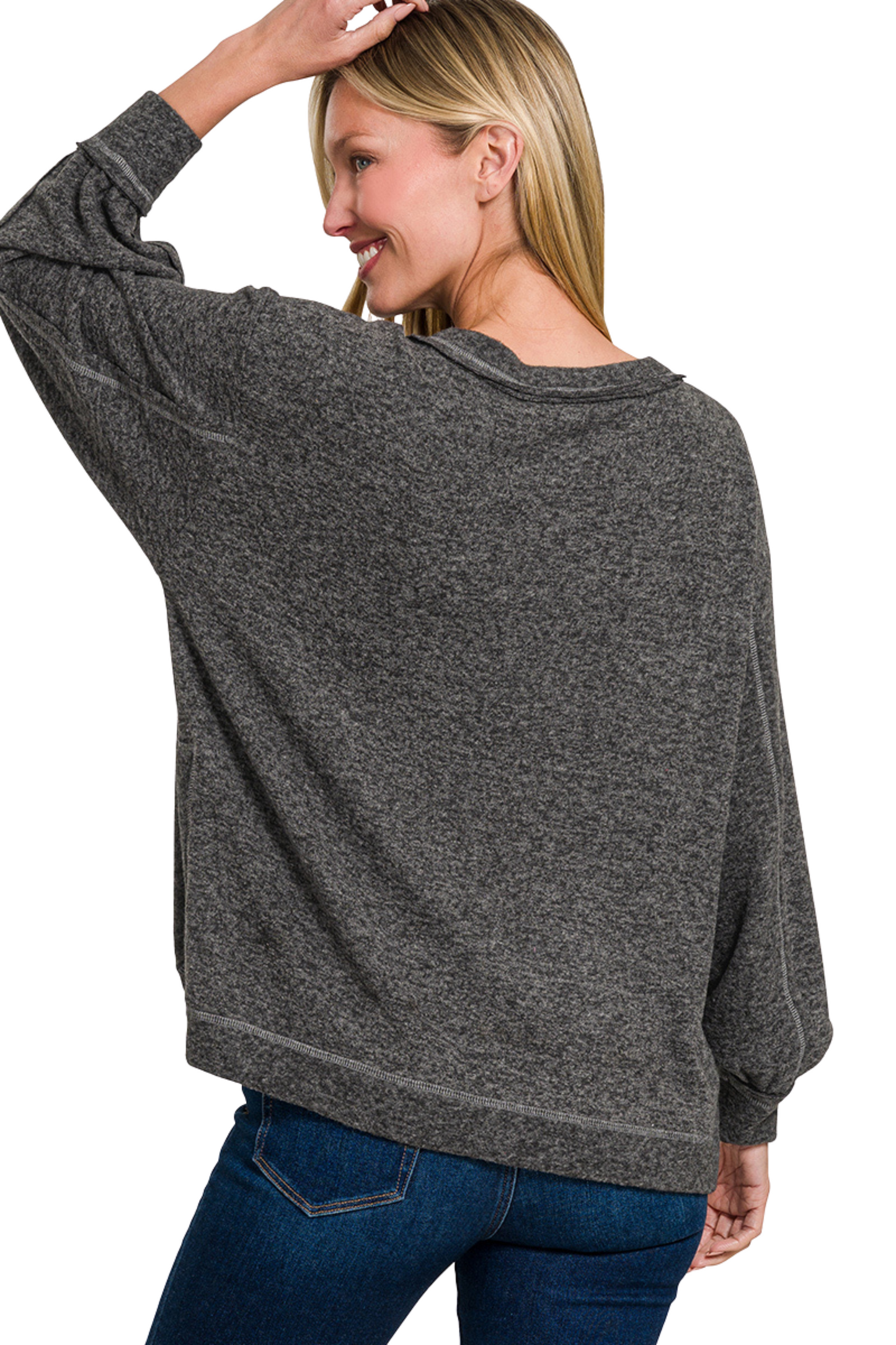 Super Soft Brushed Long Sleeve Sweater with Front Pocket and Split Seams