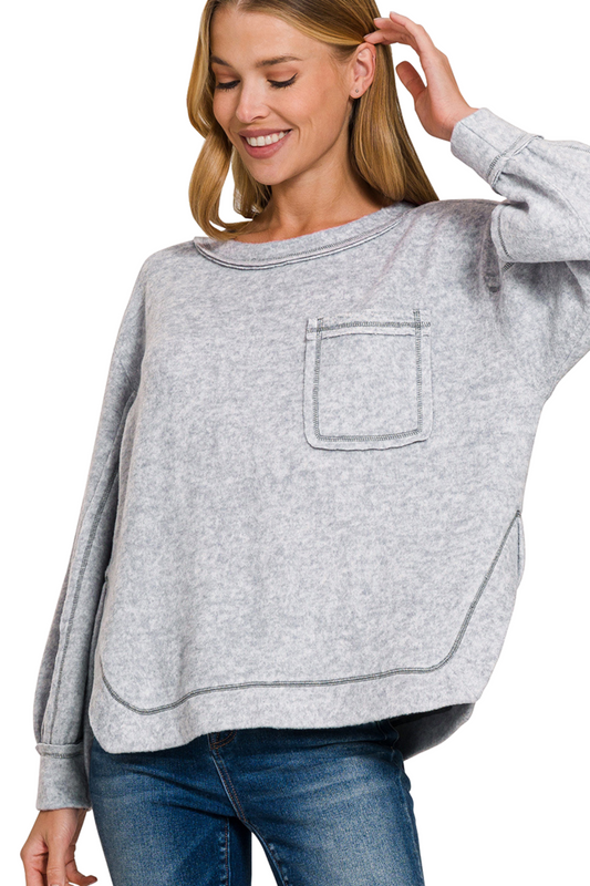 Super Soft Brushed Long Sleeve Sweater with Front Pocket and Split Seams