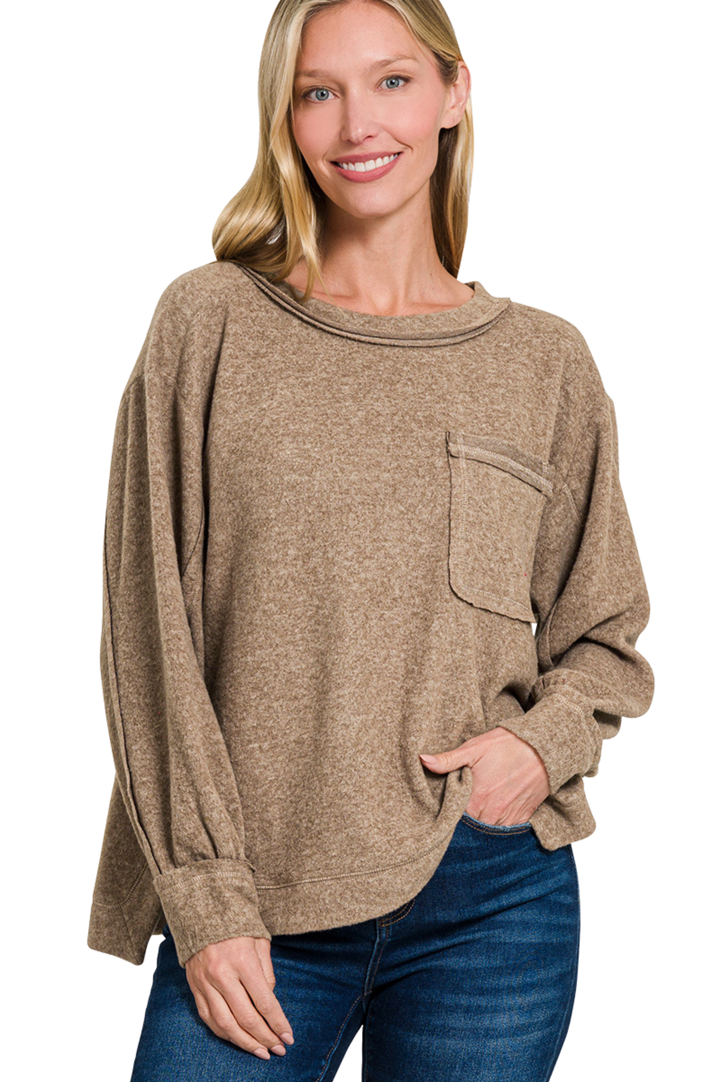 Super Soft Brushed Long Sleeve Sweater with Front Pocket and Split Seams