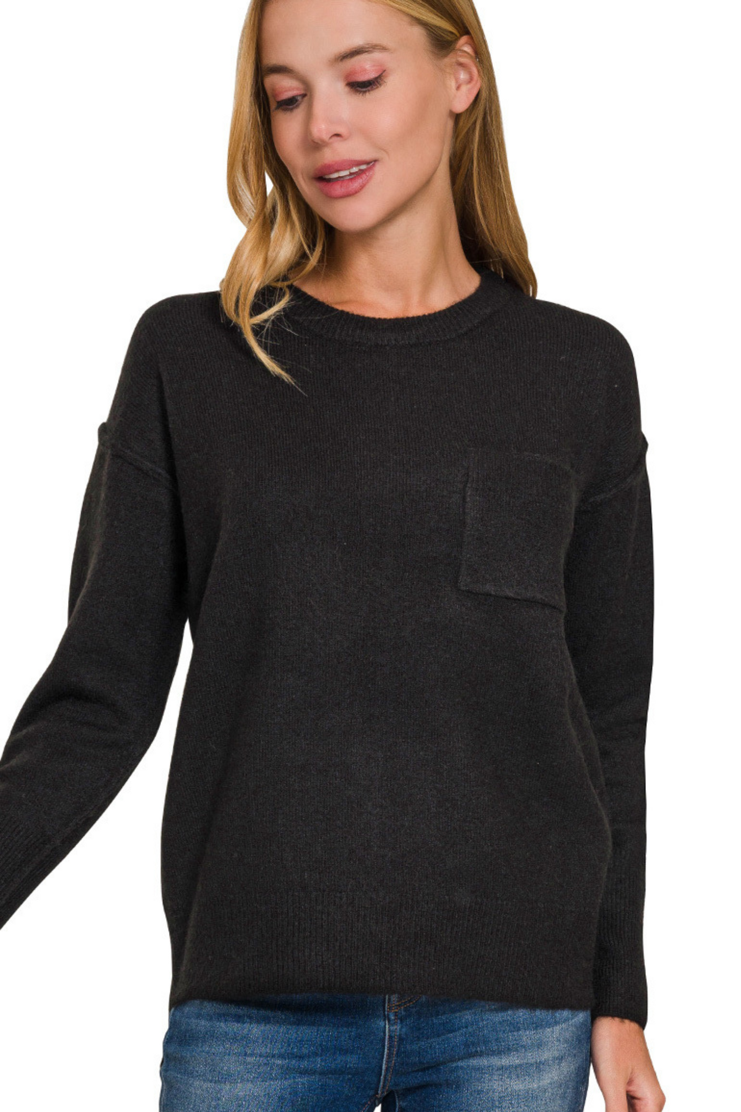 Super Soft Brushed Pocket Crew Neck Sweater