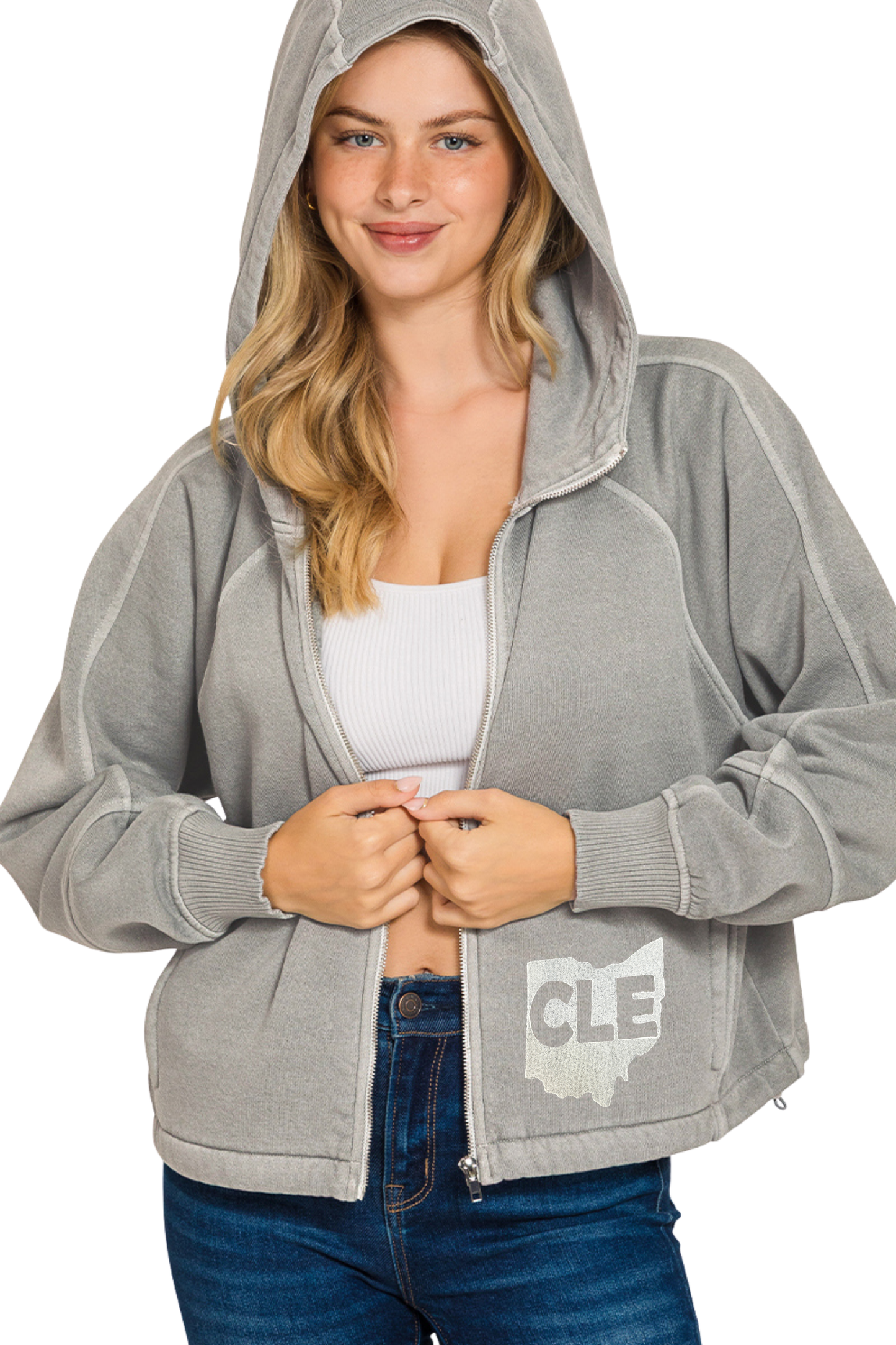 Hand Stamped CLE Ohio Full Zip Cropped Hoodie with Chinch Hemline