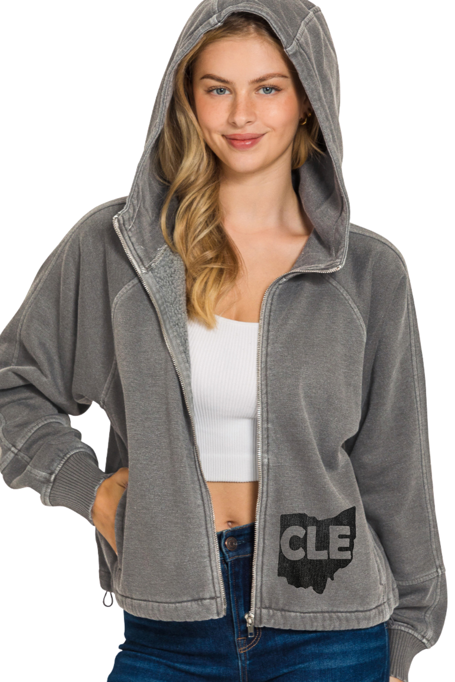 Hand Stamped CLE Ohio Full Zip Cropped Hoodie with Chinch Hemline