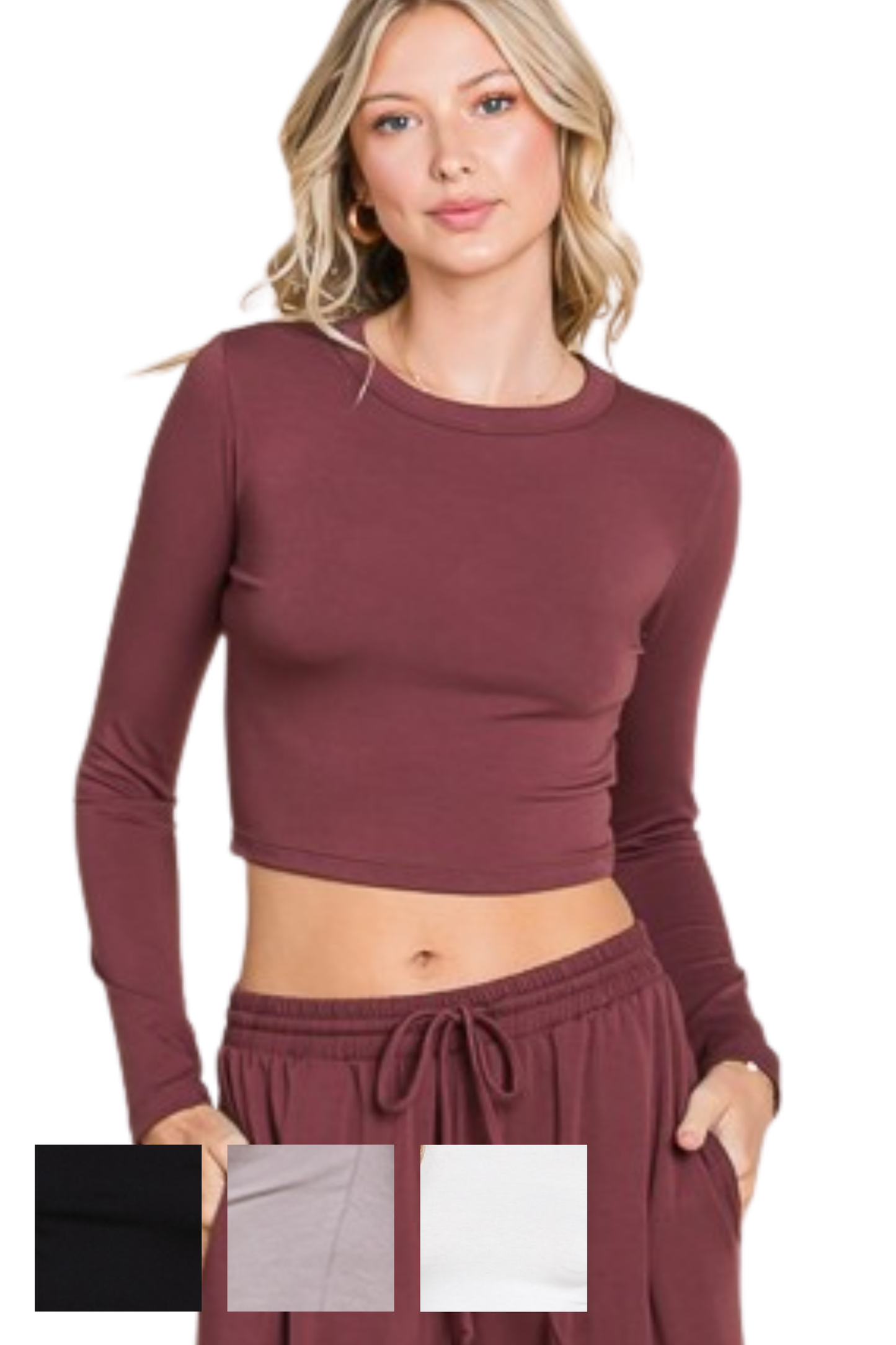 Slim Fit Cropped Crew Neck Long Sleeve Tee