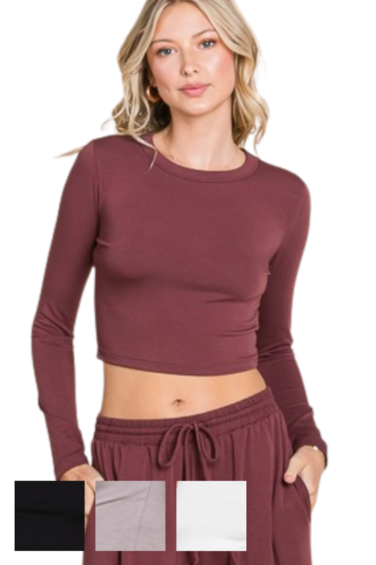 Slim Fit Cropped Crew Neck Long Sleeve Tee
