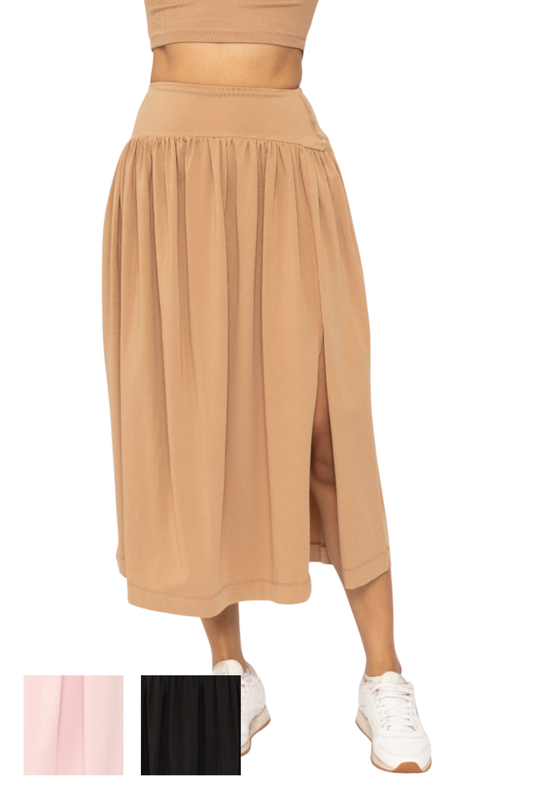Curved Waist Midi Skirt with Side Slit