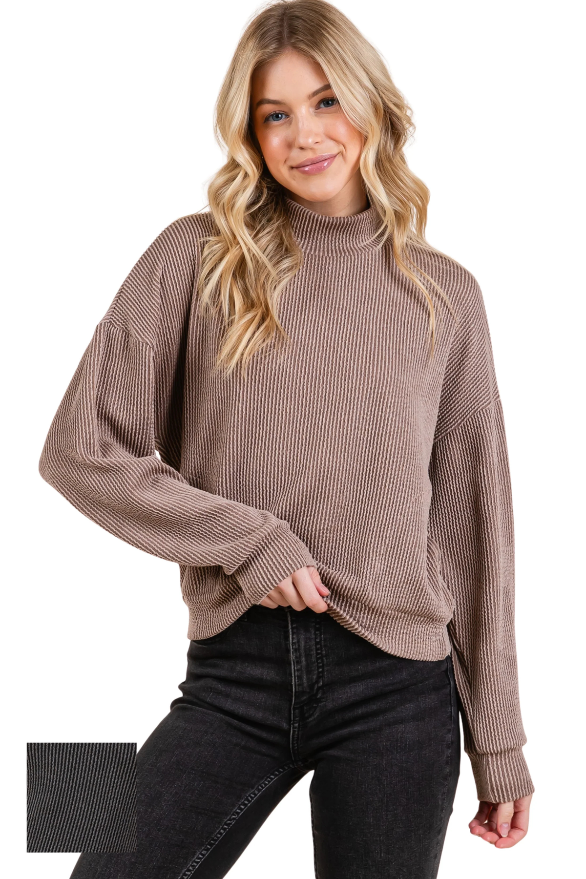 FALL Raised Ribbed Mock Neck Long Sleeve Top with Side Pockets