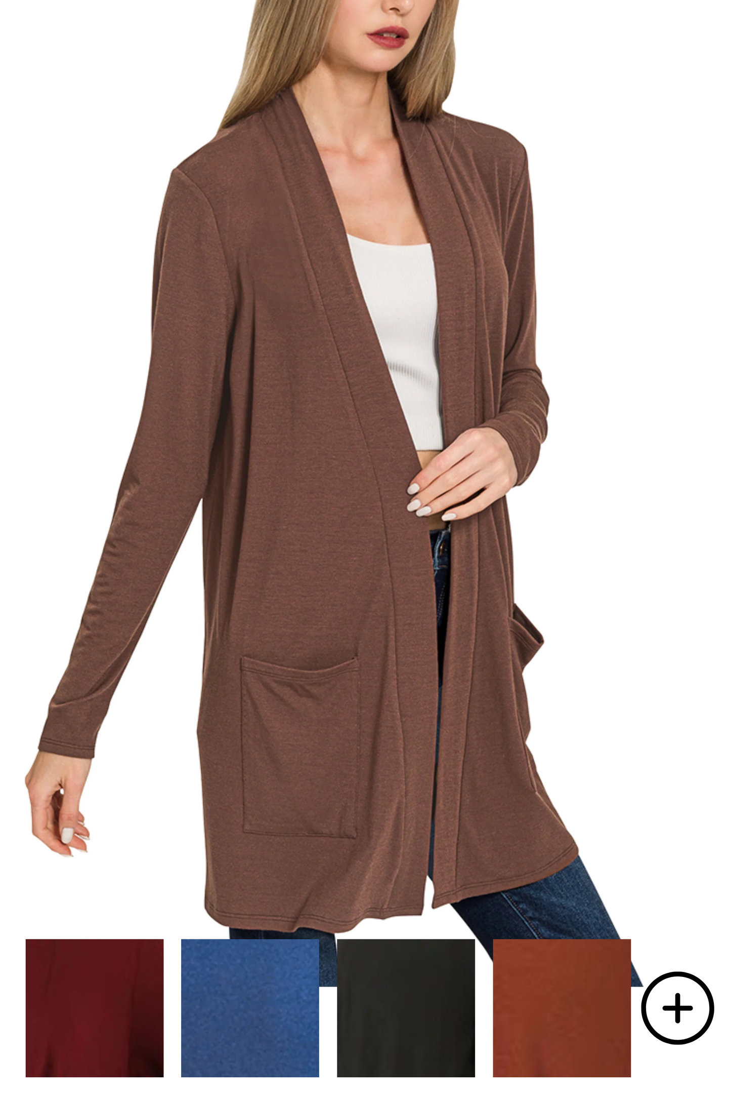 Long Basic Open Cardigan with Slouchy Pockets