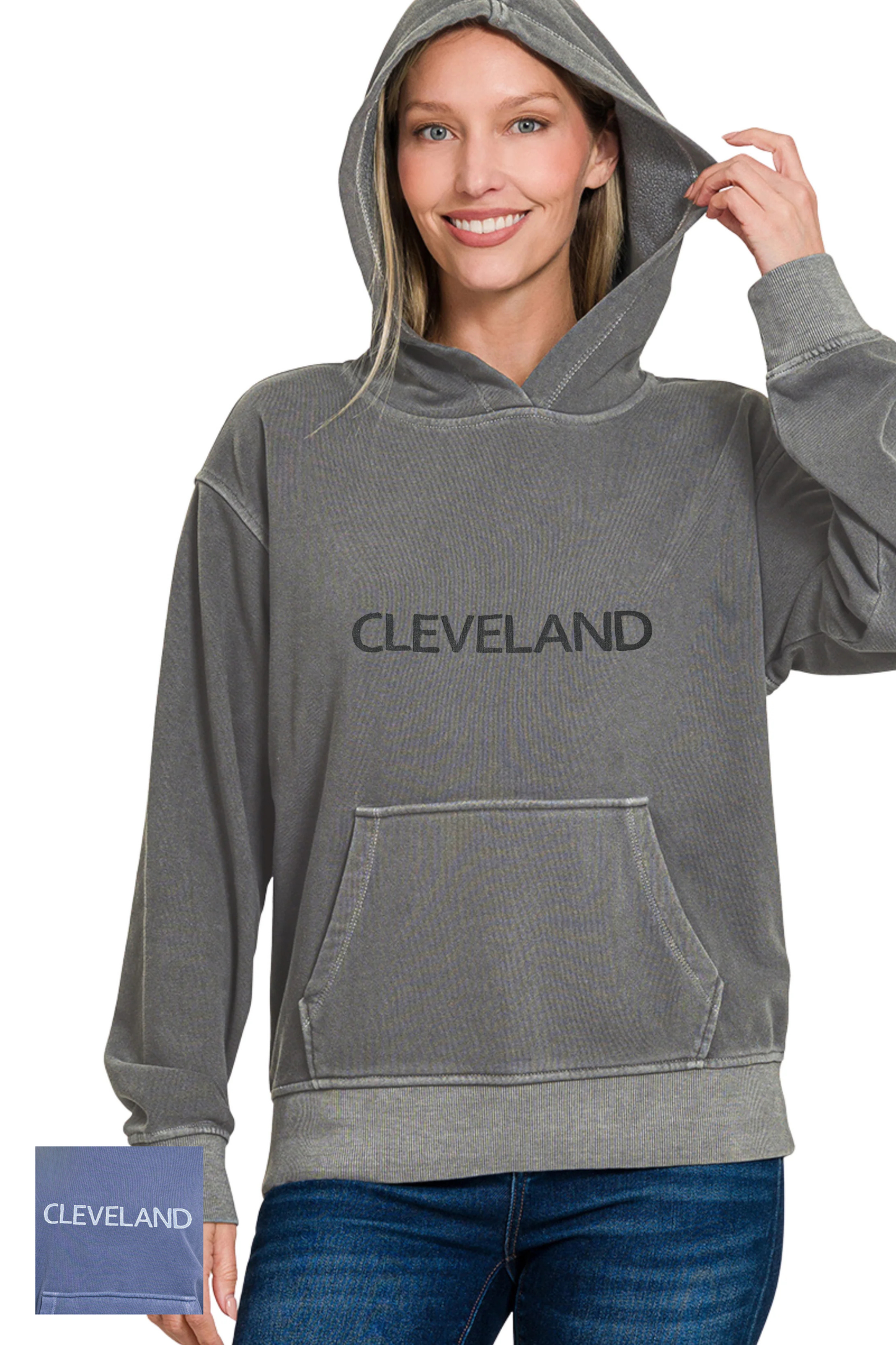 Cleveland Hand Stamped Garment Dyed Hoodie with Kangaroo Pocket