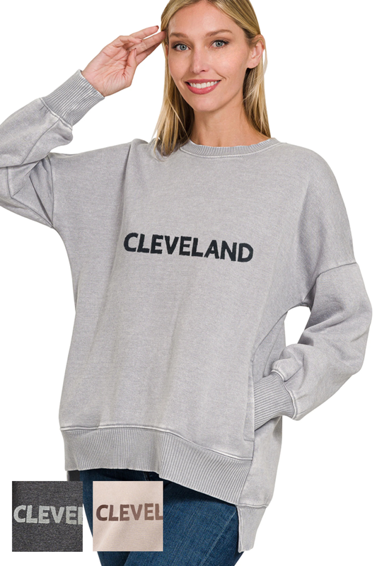 Cleveland Hand Stamped Acid Wash High Low Sweatshirt with Side Pockets