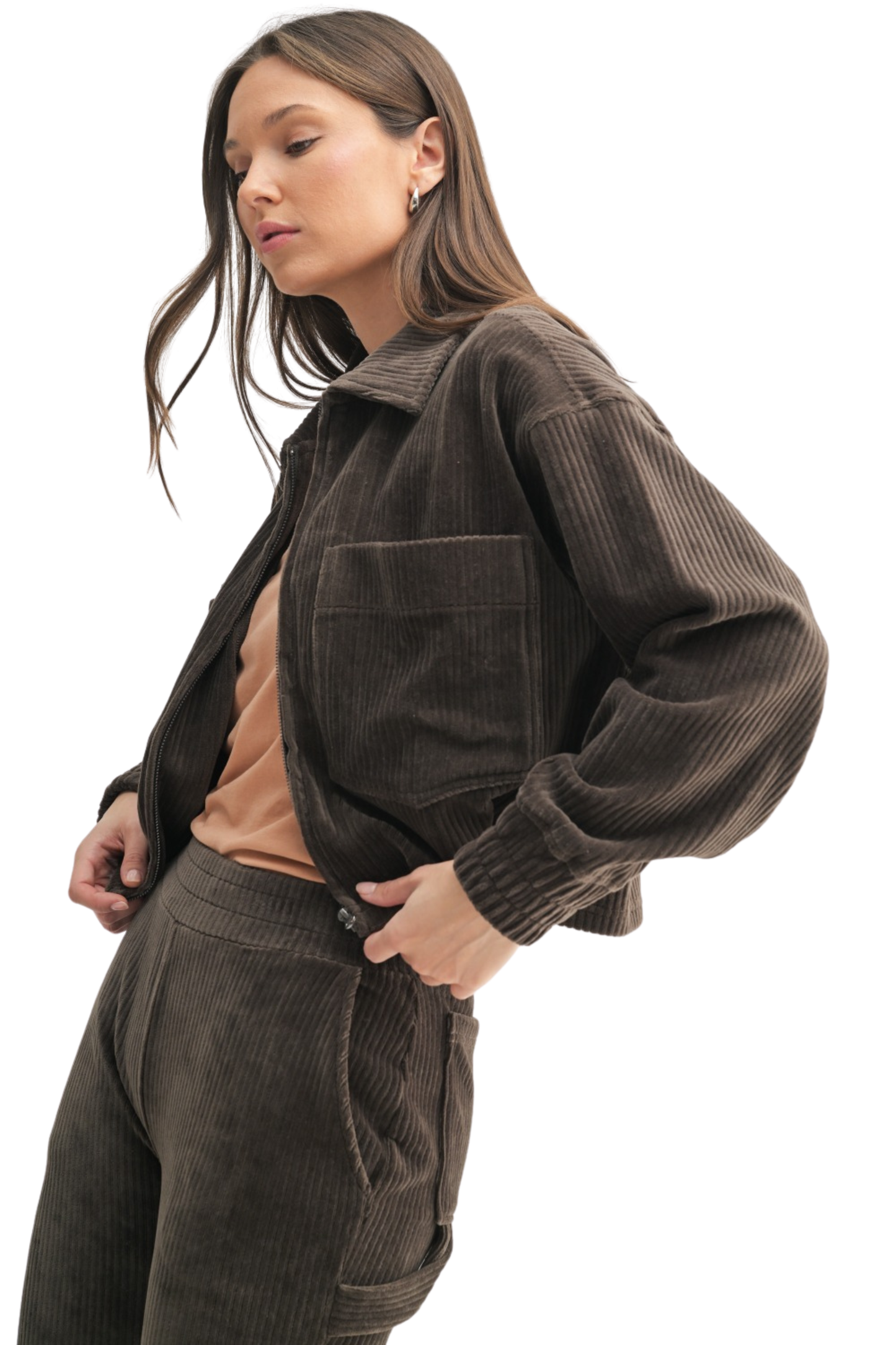 Velvetly Corduroy Collared and Cropped  Zip Up Jacket