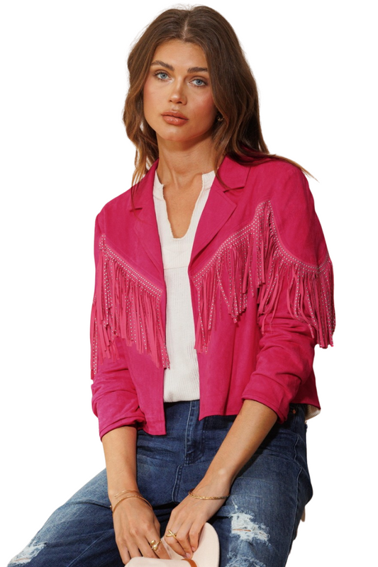 (Large) Solid Faux Suede Cropped Fringe Jacket