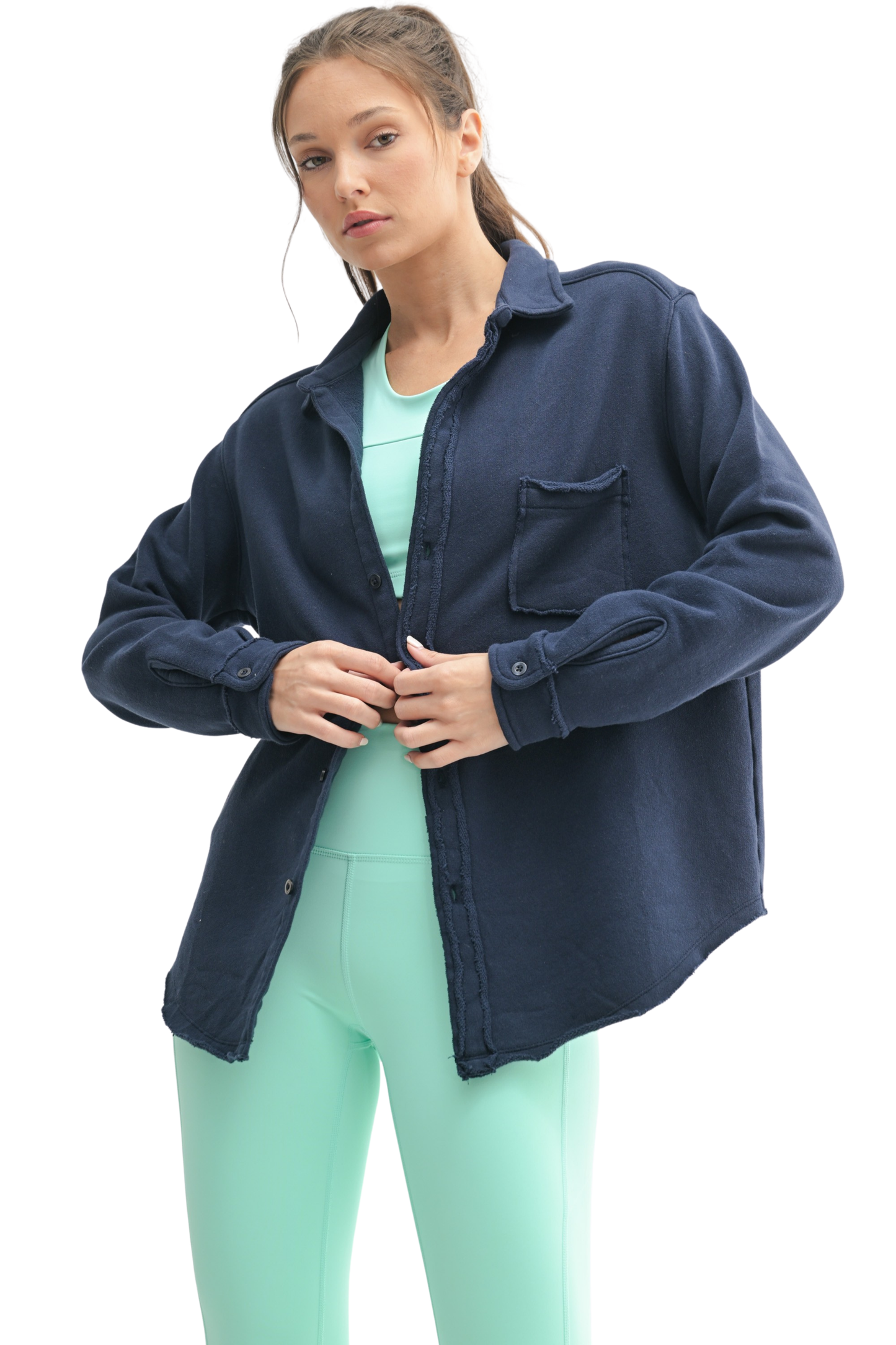 Raw Edge Cotton Button Down Shacket