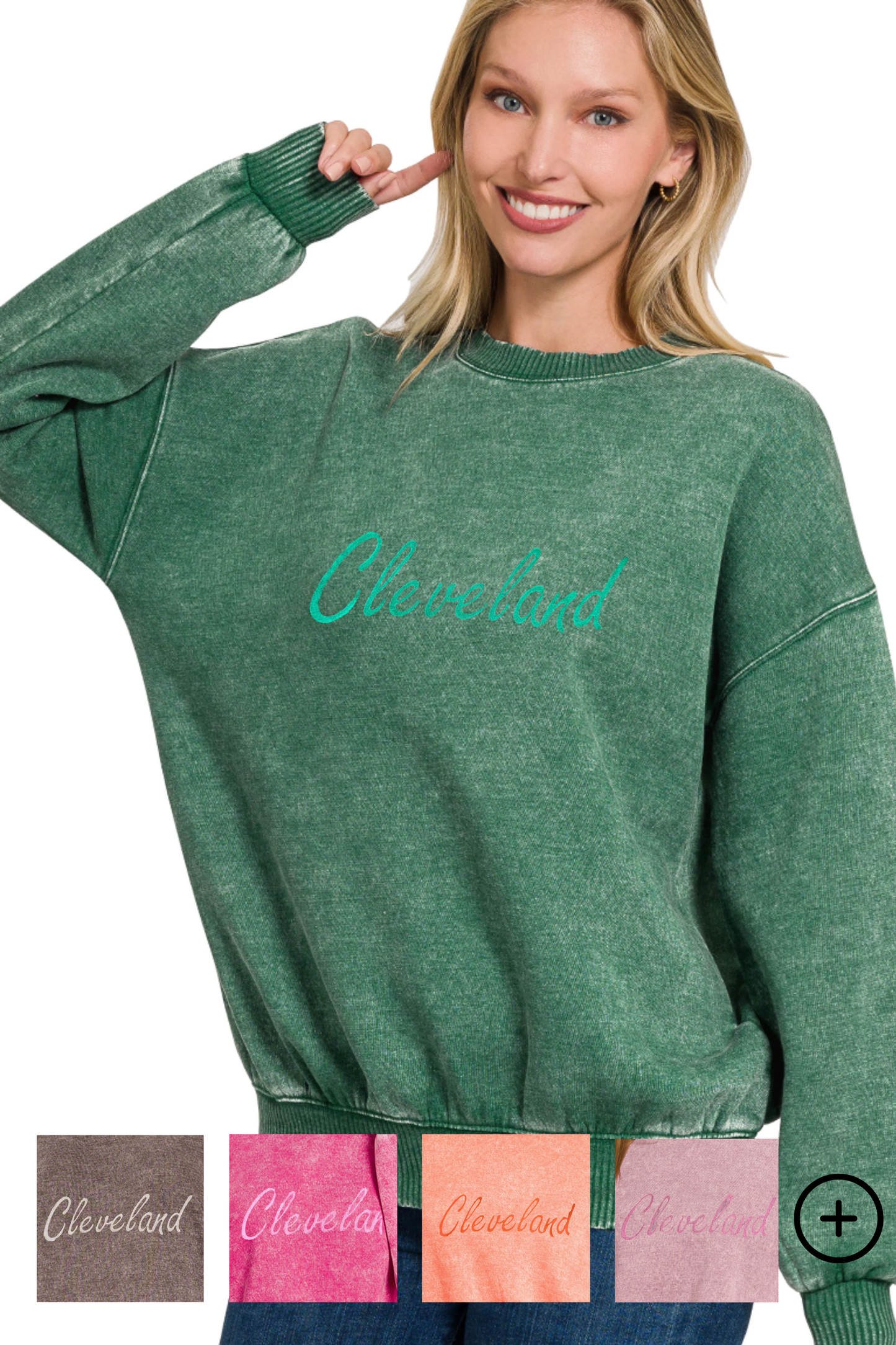 Script Cleveland Hand Stamped Acid Wash Crewneck Sweatshirt