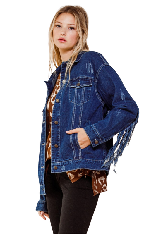 Washed Denim Print Fringe Detail Jacket