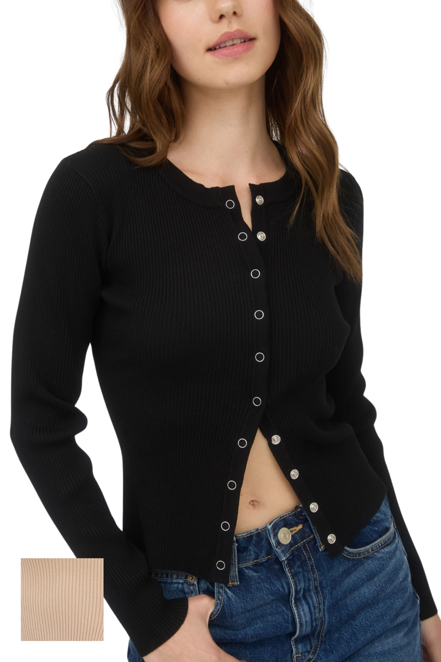 Snap Button Down Round Neck Knit Cardigan