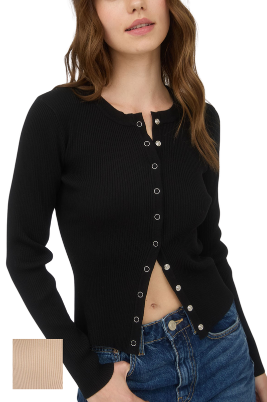 Snap Button Down Round Neck Knit Cardigan