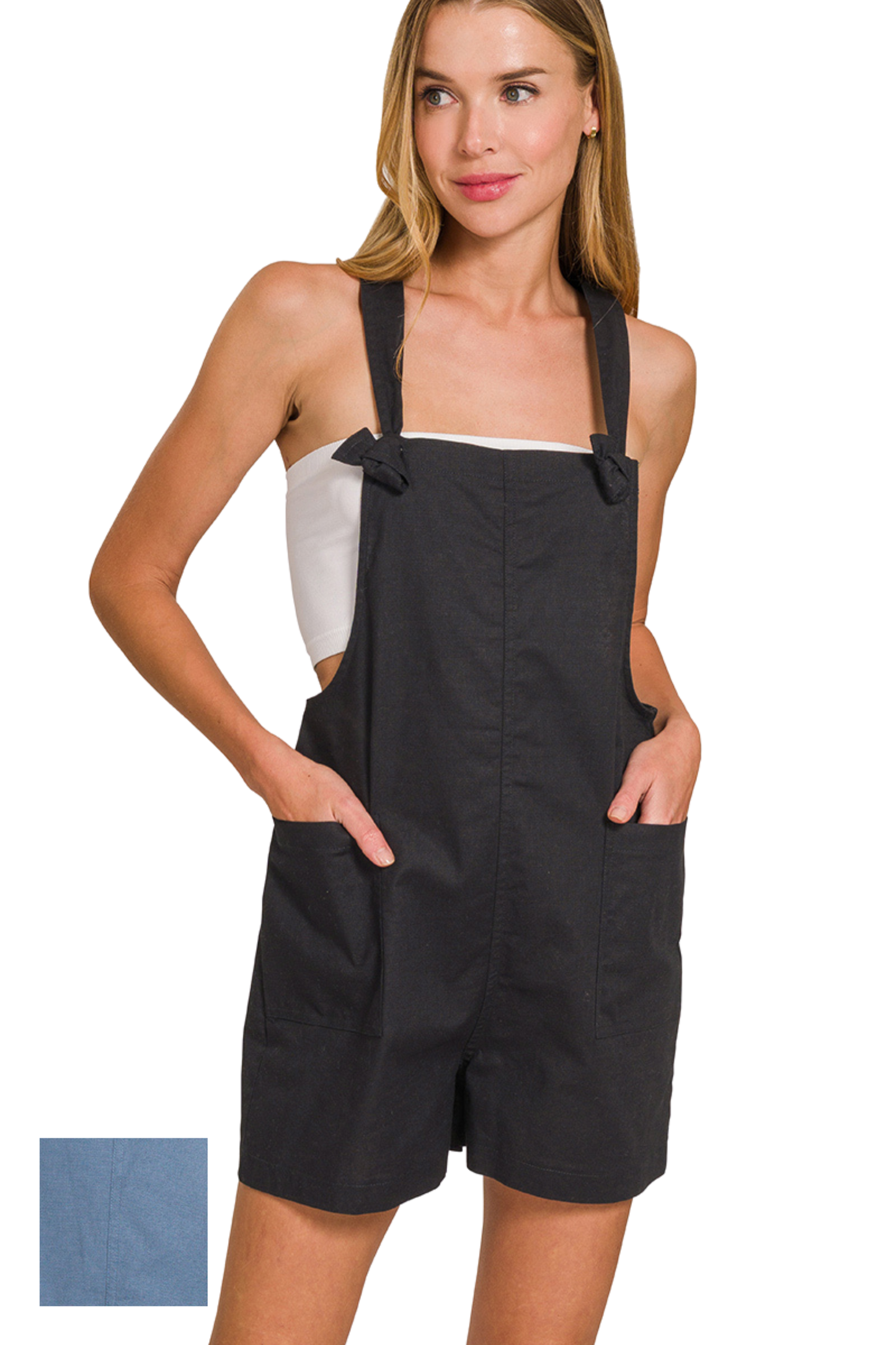 Linen Mix Tie Shoulder Overall Romper