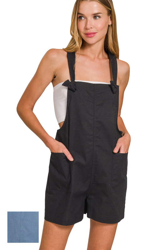 Linen Mix Tie Shoulder Overall Romper