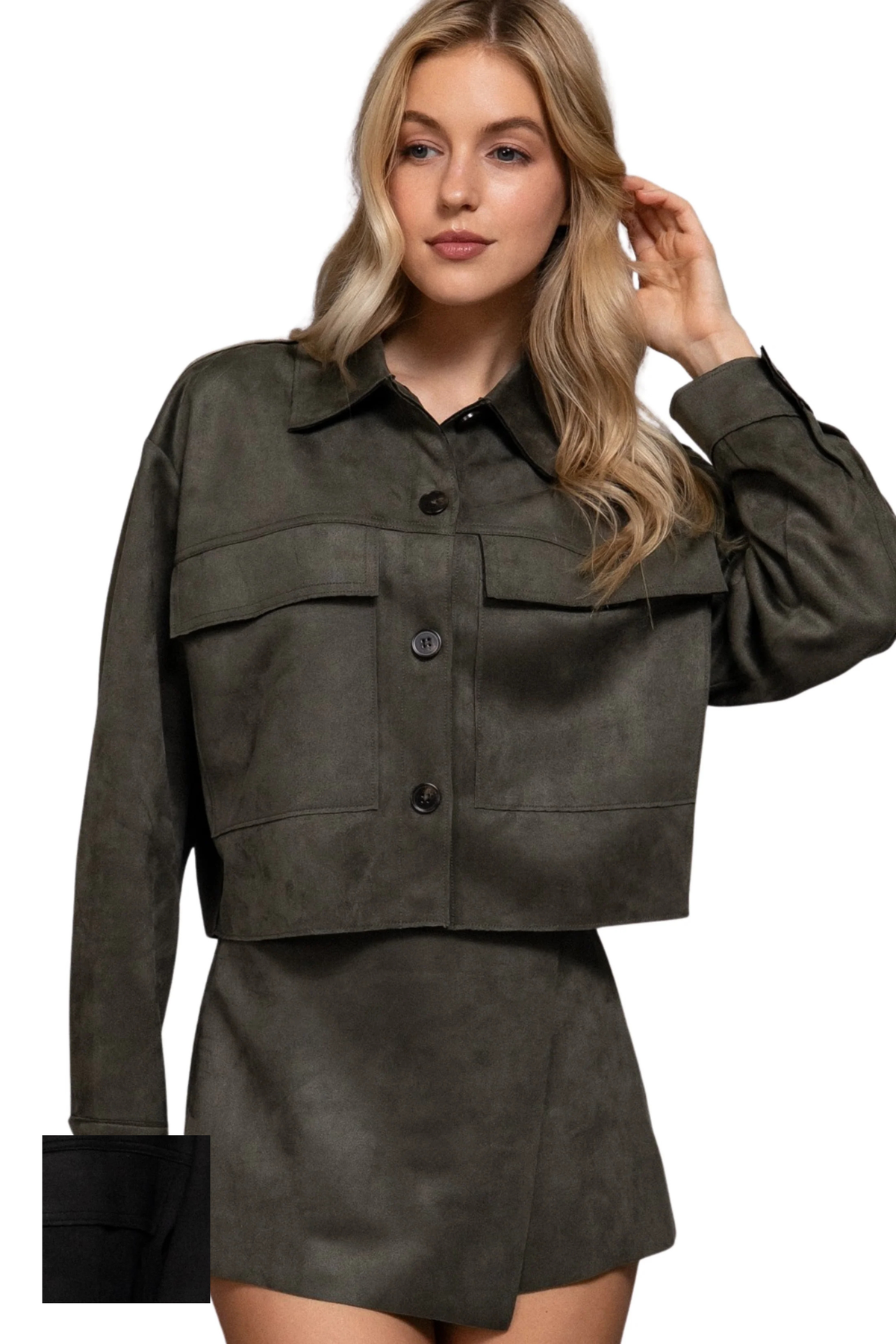 Faux Suede Open Cropped Jacket with Oversized Front Pockets