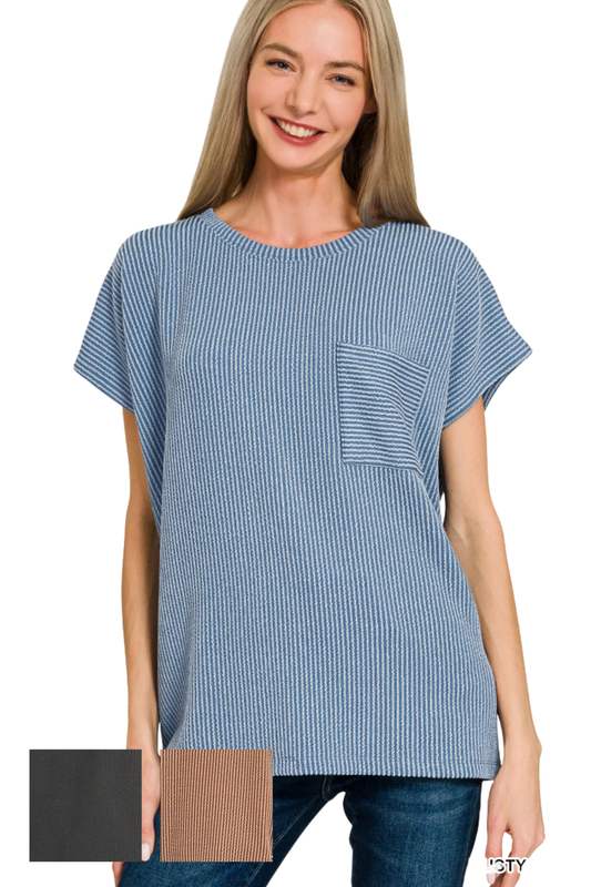 Cord Ribbed Pocket Short Sleeve Top