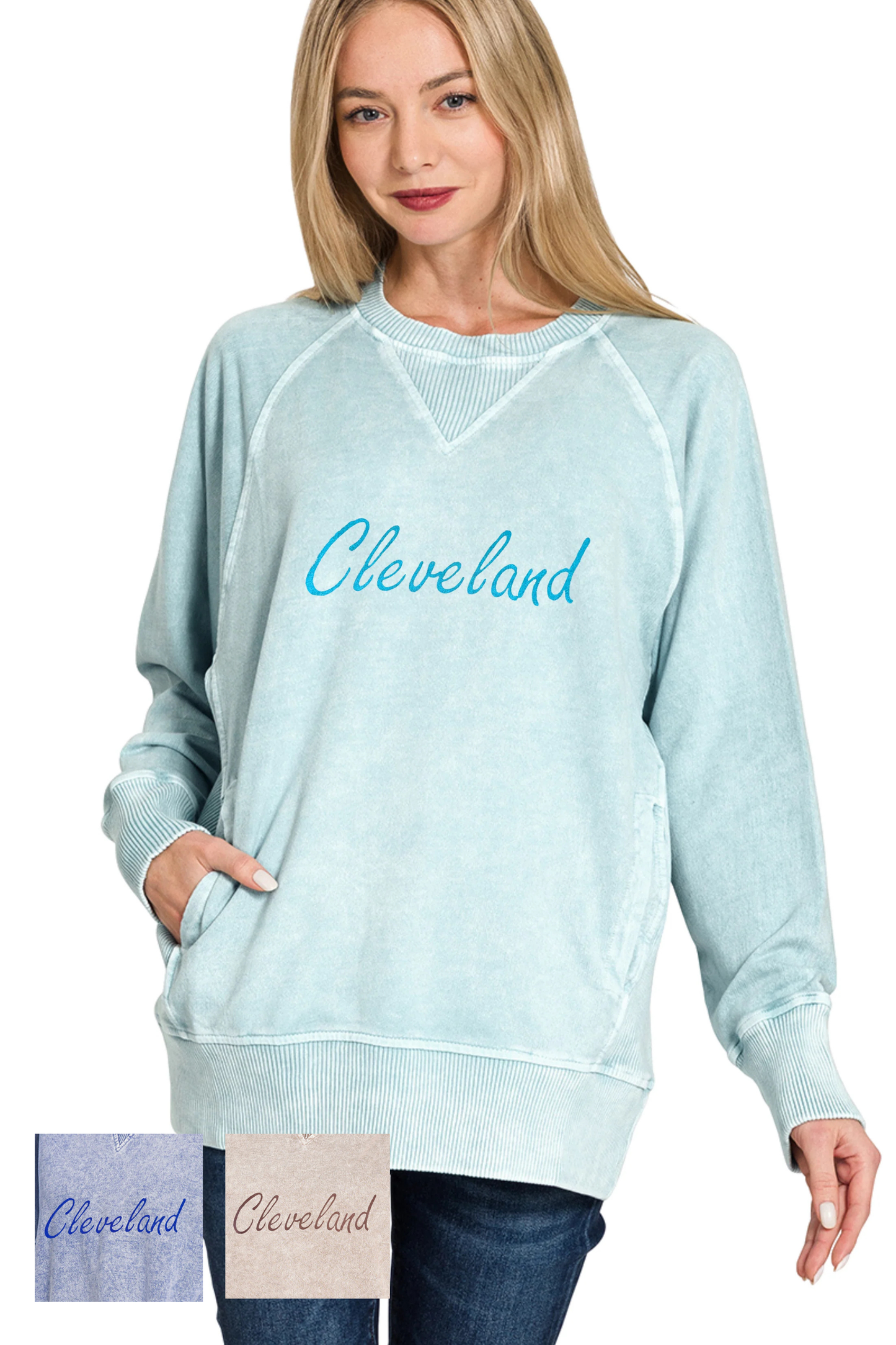 Script Cleveland Hand Stamped French Terry Pullover with Pockets