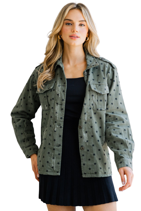 Washed Print Star Button Down Jacket