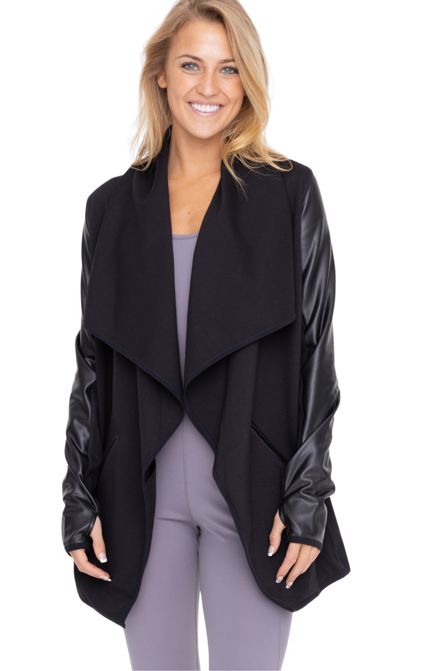 Vegan Leather Detail Waterfall Open Cardigan