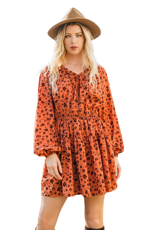 Drawstring Floral Mini Dress