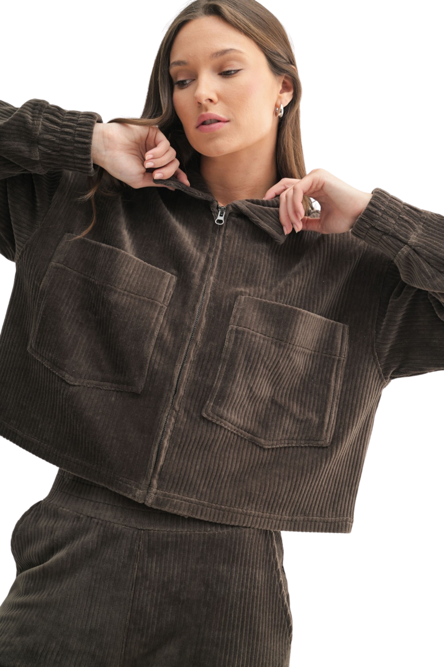 Velvetly Corduroy Collared and Cropped  Zip Up Jacket