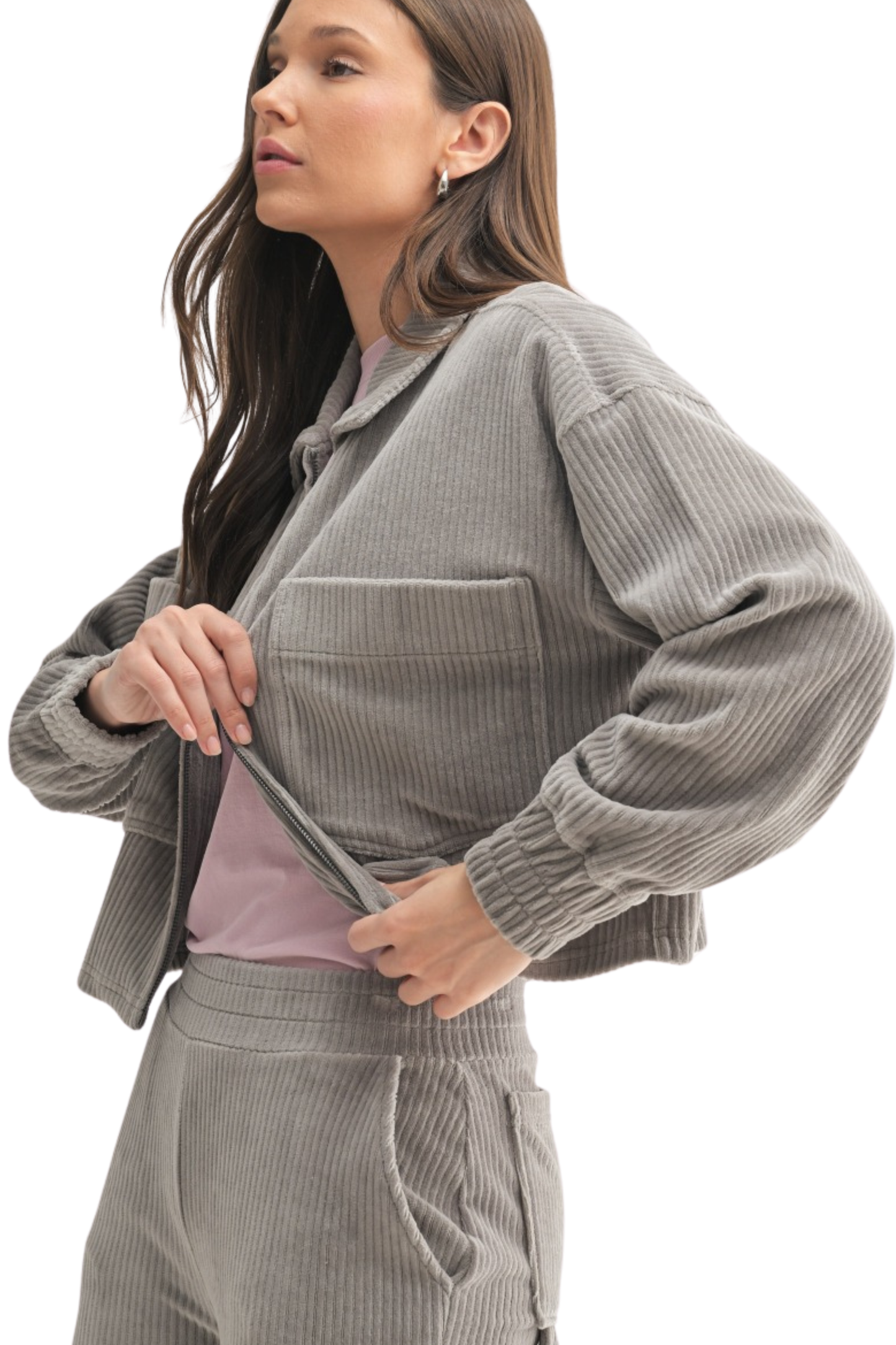 Velvetly Corduroy Collared and Cropped  Zip Up Jacket