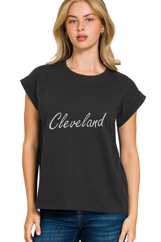 Script Cleveland Hand Stamped  Rolled Sleeve Tee