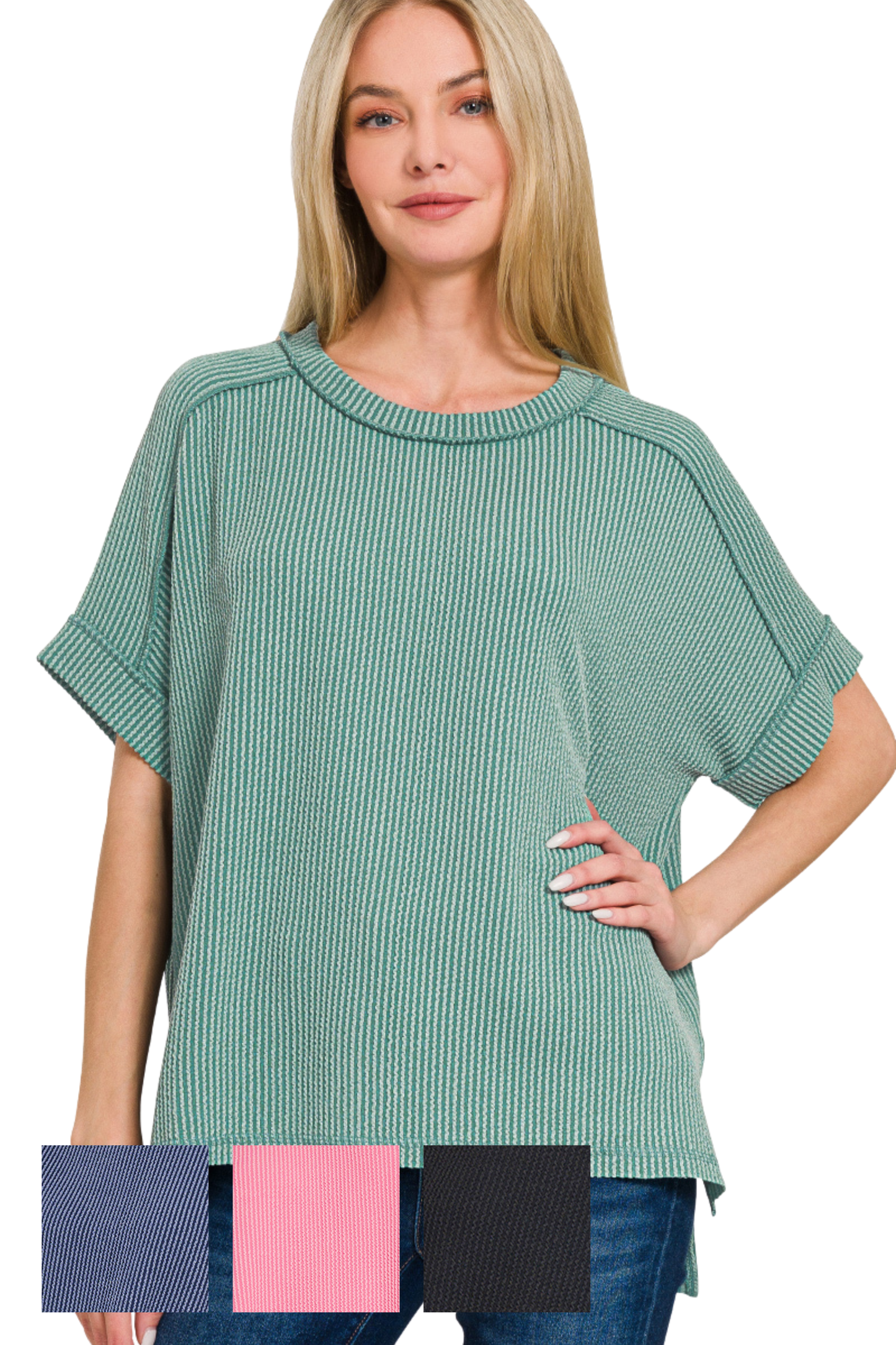 Relaxed Raised Rib Tee with Cuff Sleeves