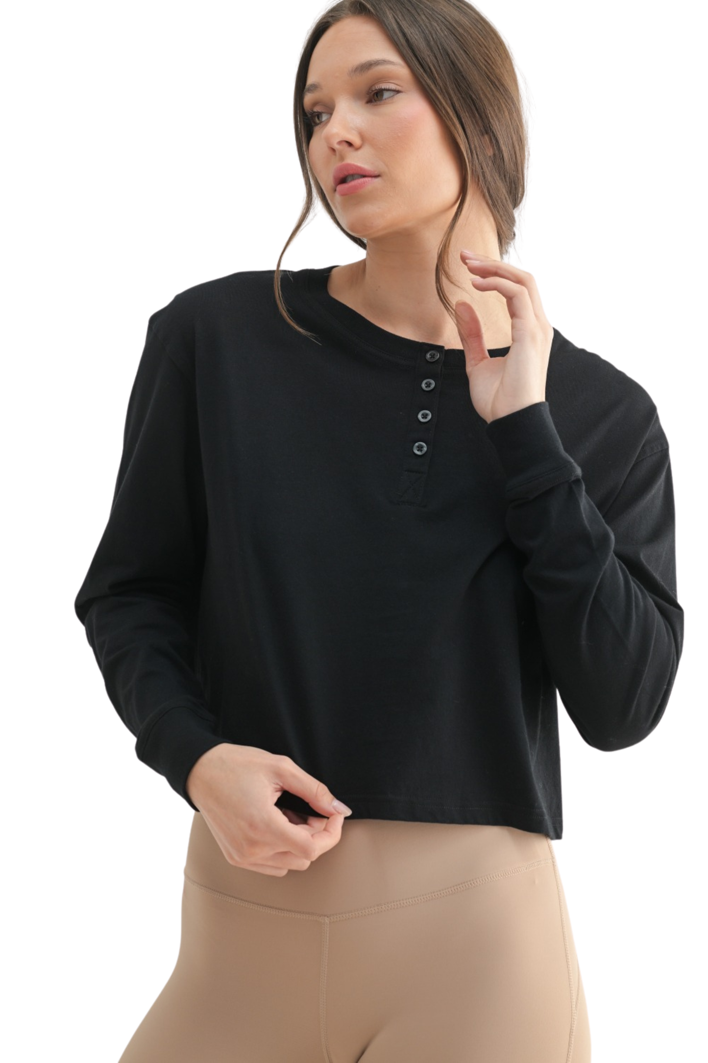 Loose Fit Cropped Henley Long Sleeve Top