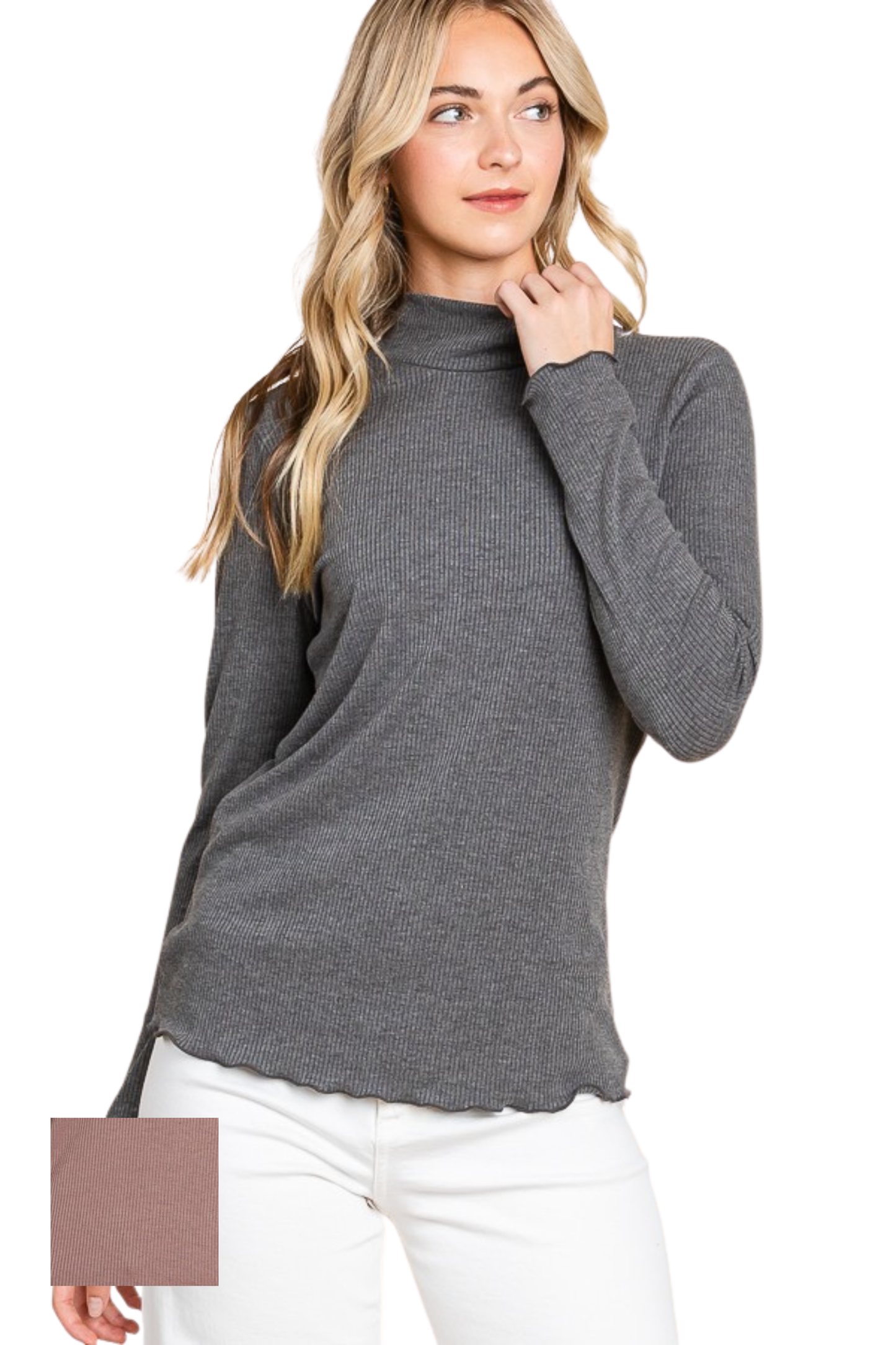 Rib Knit Turtleneck Long Sleeve Top with Lettuce Edge
