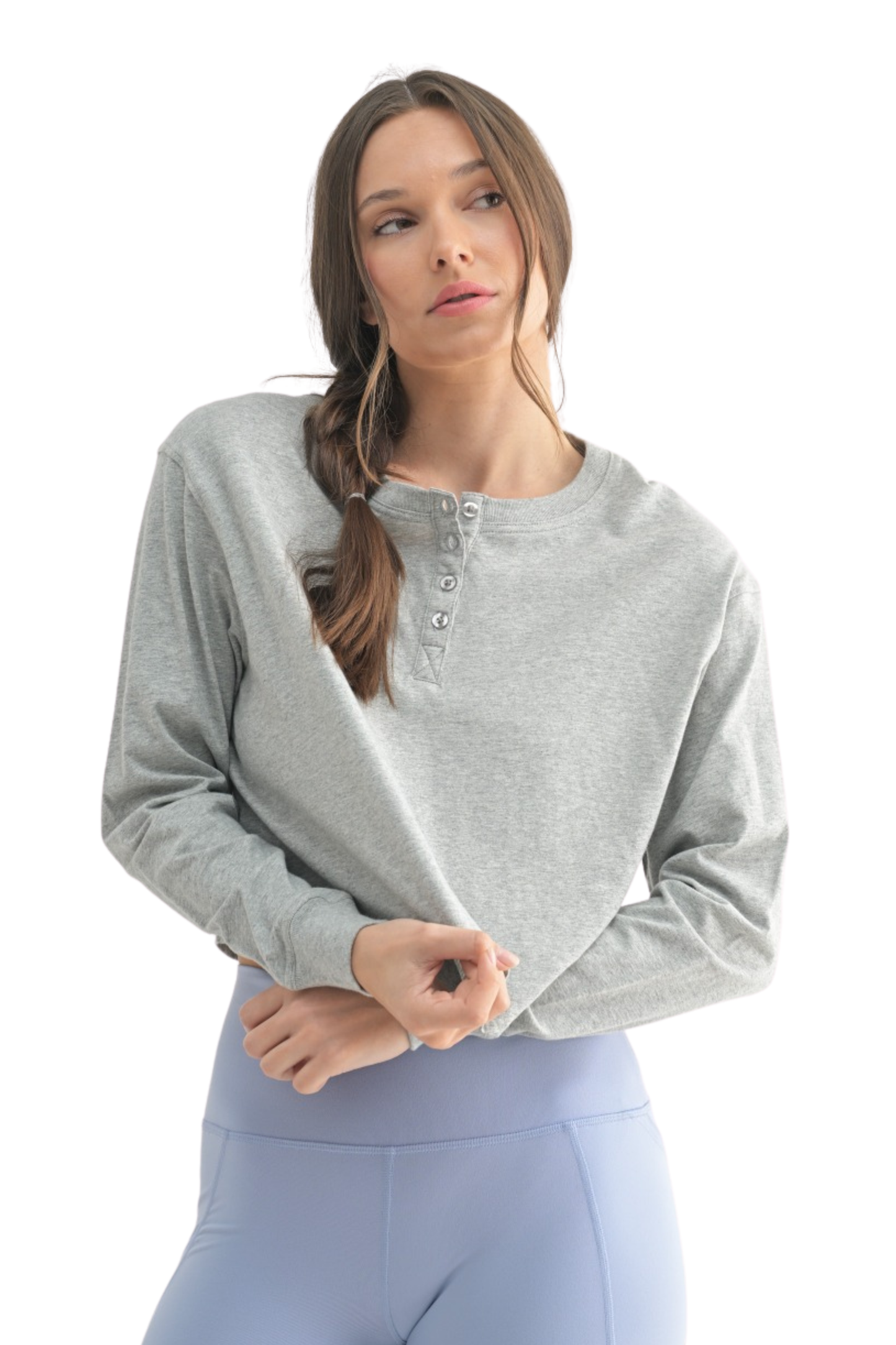 Loose Fit Cropped Henley Long Sleeve Top