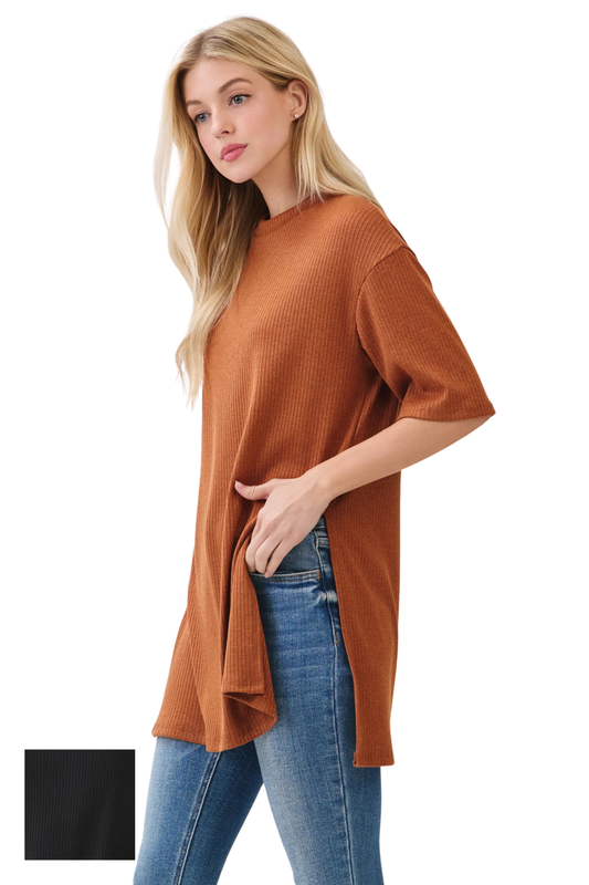 Ribbed Short Sleeve Tunic Top with Side Slits