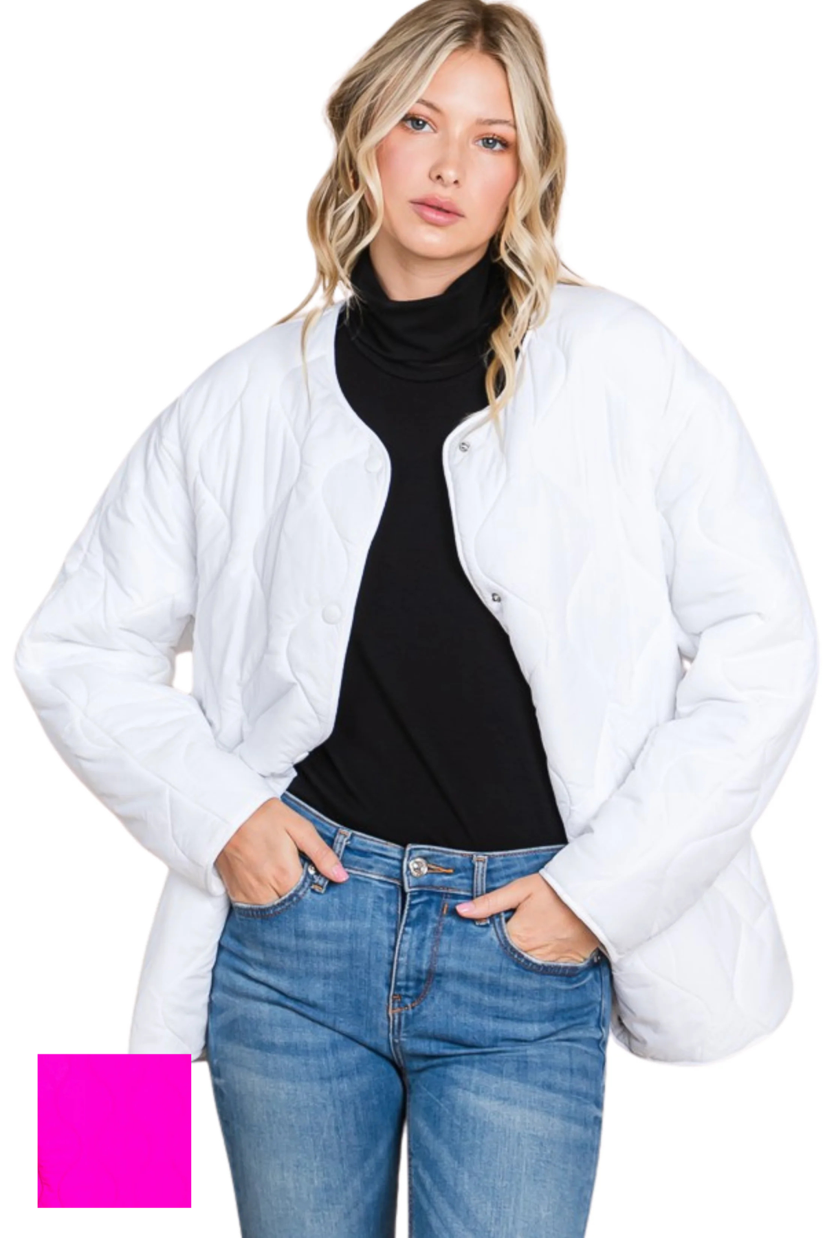 (Small & Medium) Wave Quilted Collarless Jacket with Snap Buttons