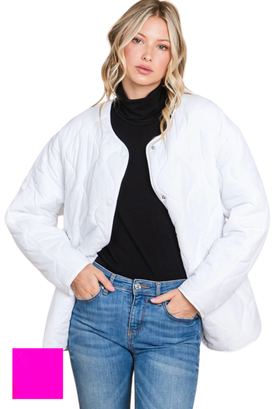 (Small & Medium) Wave Quilted Collarless Jacket with Snap Buttons