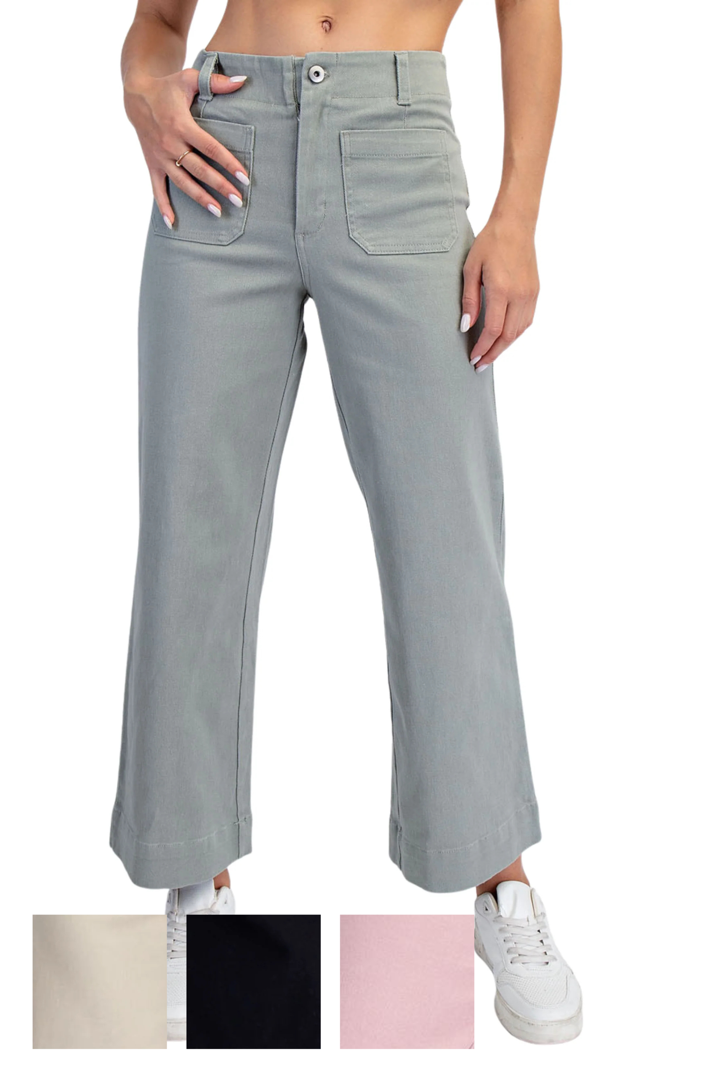 Cotton Twill Wide Leg Ankle Length Pants with Front Pockets