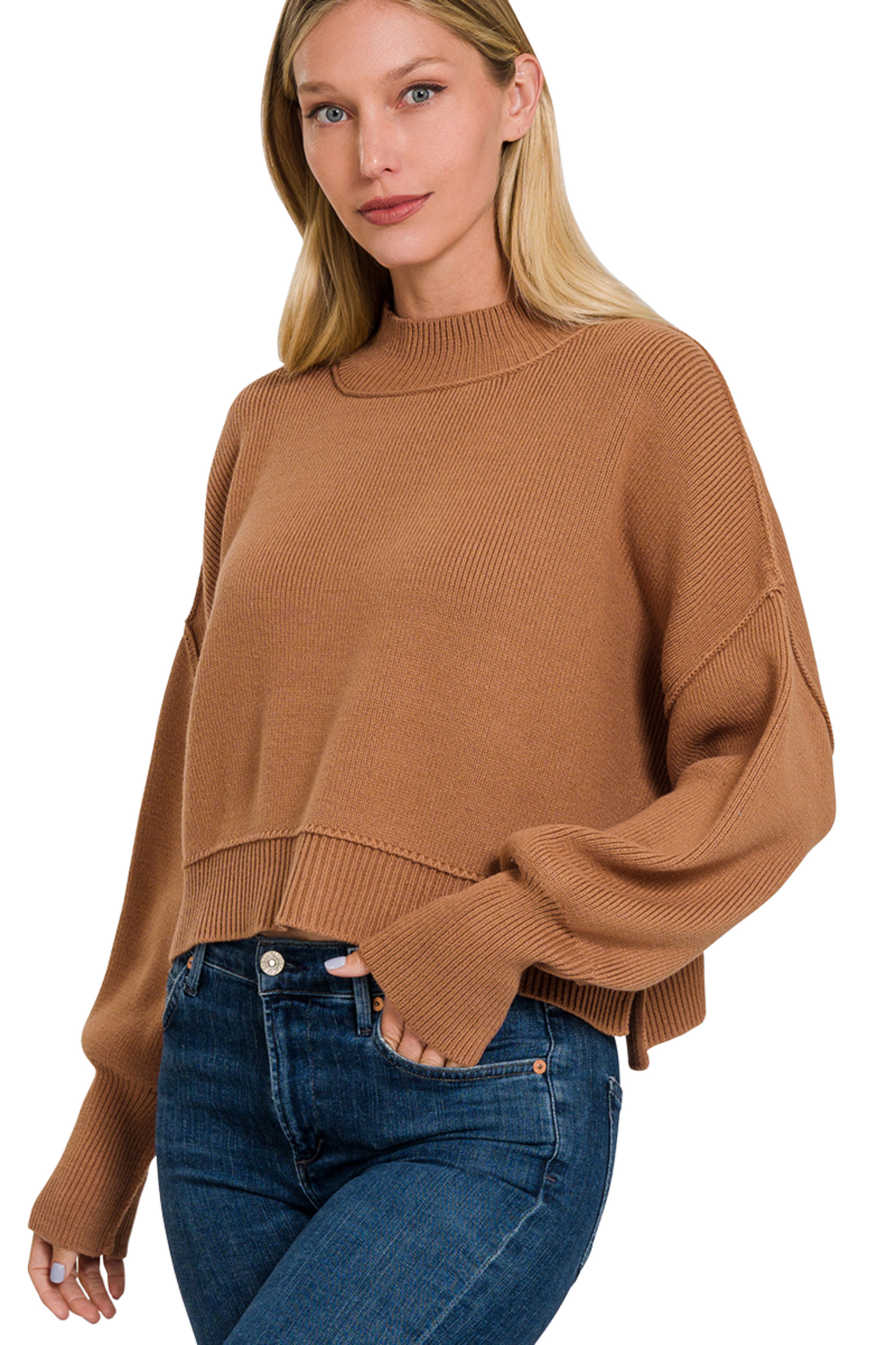 Ribbed Oversized Side Slit Cropped Sweater with Mock Neckline
