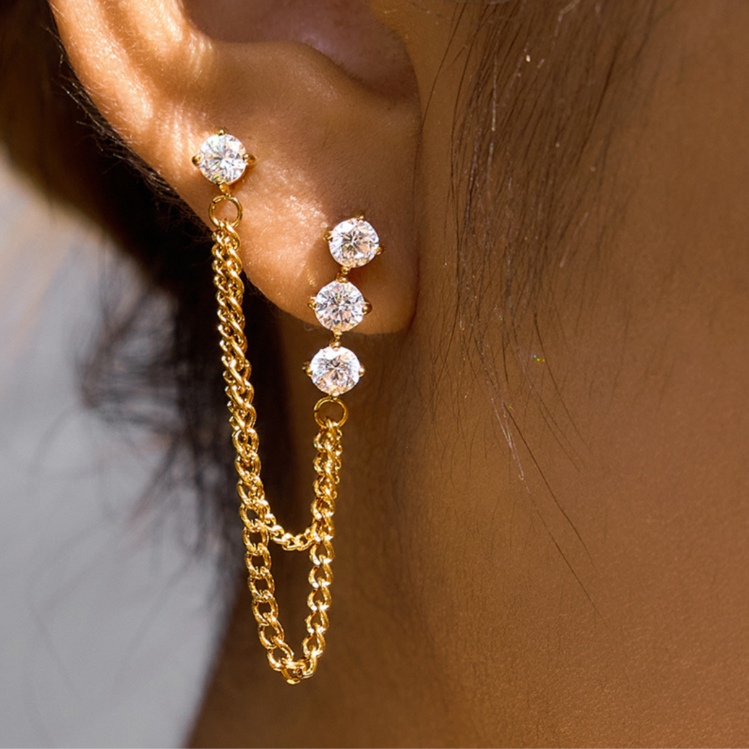 Sestra by Intro Stainless Steel Double Chain Pierced Stack with CZs