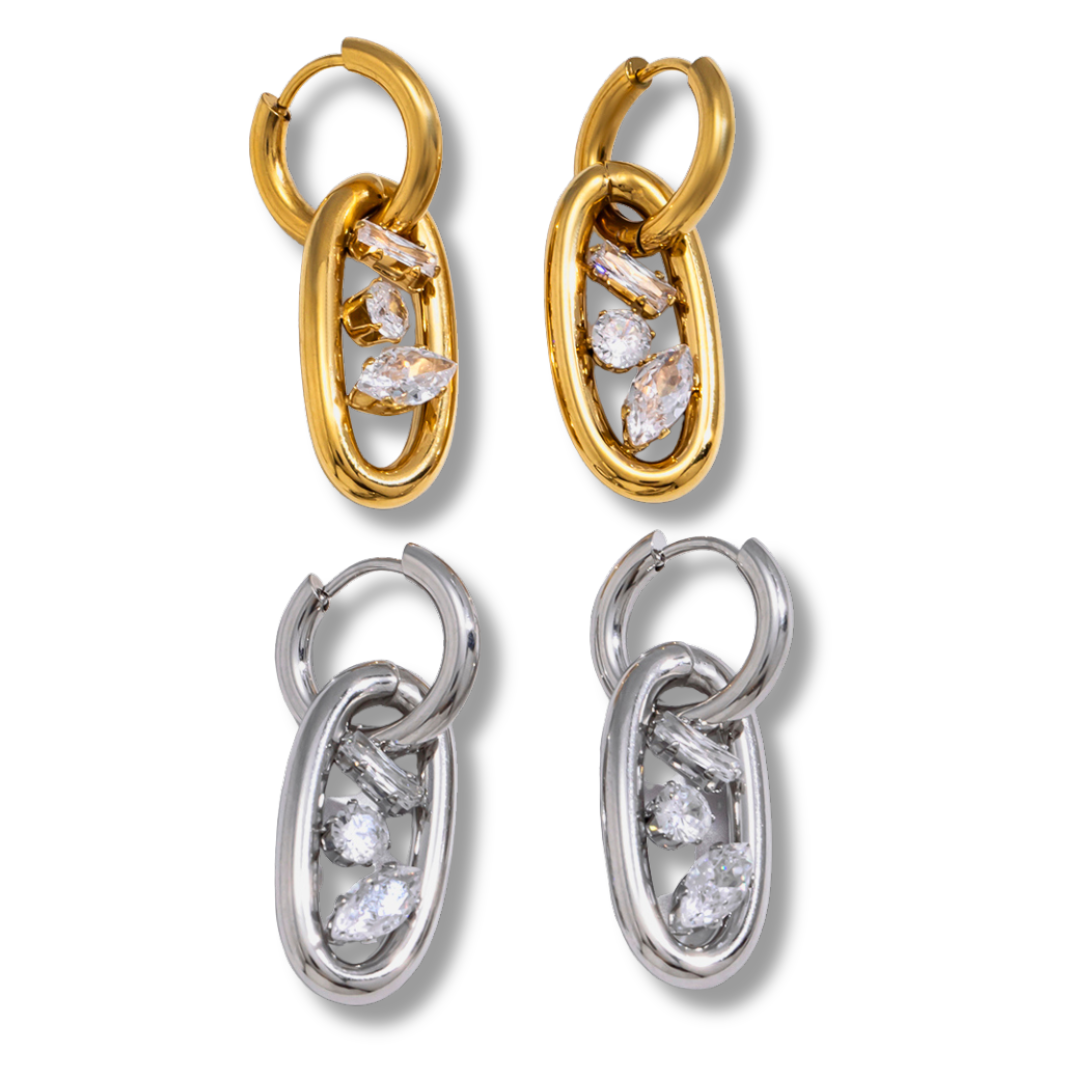 Sestra by Intro Stainless Steel CZ & Drop Oval Huggies