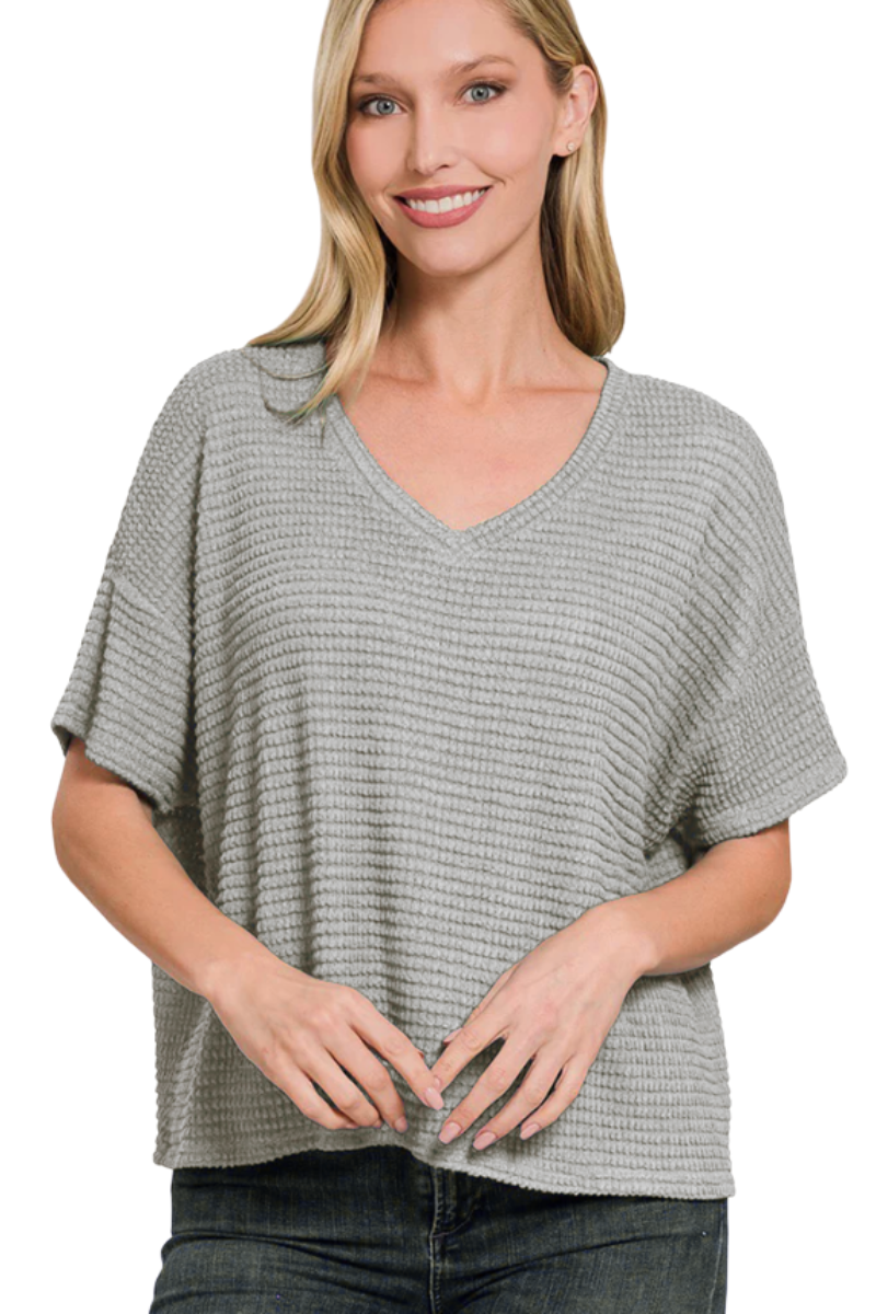 V Neck Semi Cropped Waffle Tee