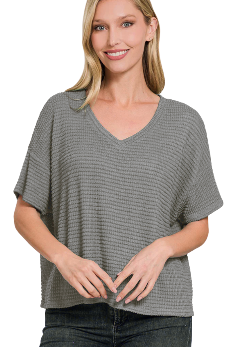 V Neck Semi Cropped Waffle Tee