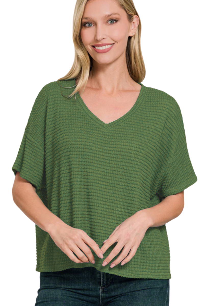 V Neck Semi Cropped Waffle Tee