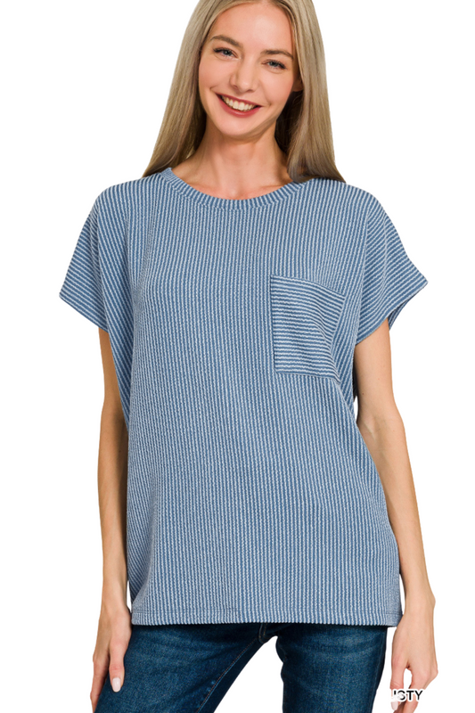 Cord Ribbed Pocket Short Sleeve Top